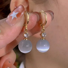 14K Gold-Plated Elegant Zircon Diiamond White Cat's Eye Stone Earrings - elegant White Cat's Eye Earrings