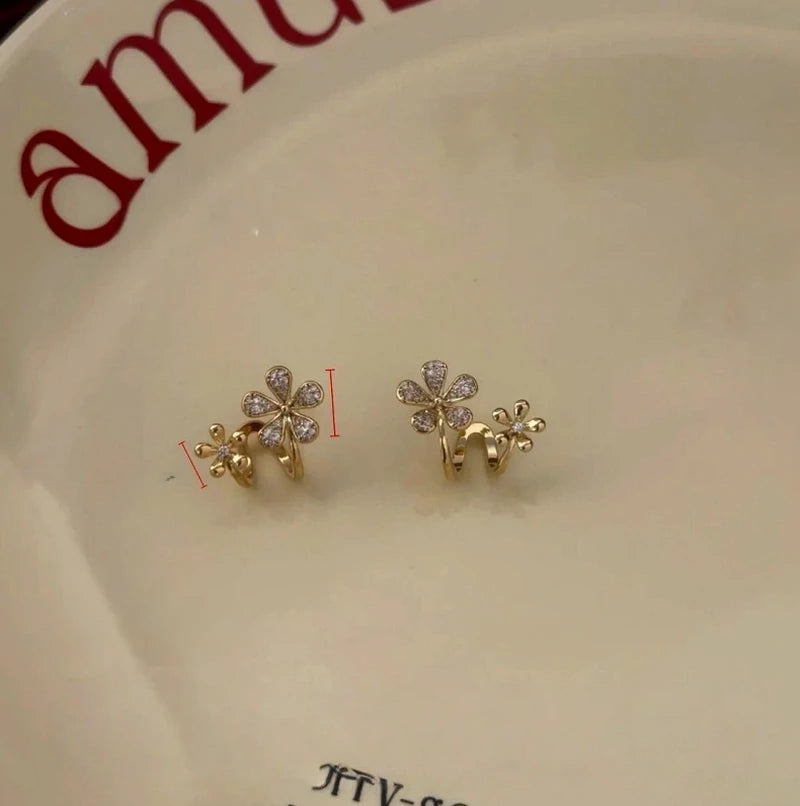 14K Gold-Plated Elegant Zircon Double-Flower Stud Earrings - elegant Double Flower Studs