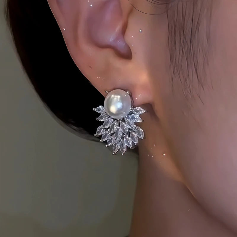 Close-up detail of the sparkling zircons and plating on the Double-Layer Pearl Earrings