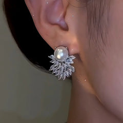 Close-up detail of the sparkling zircons and plating on the Double-Layer Pearl Earrings