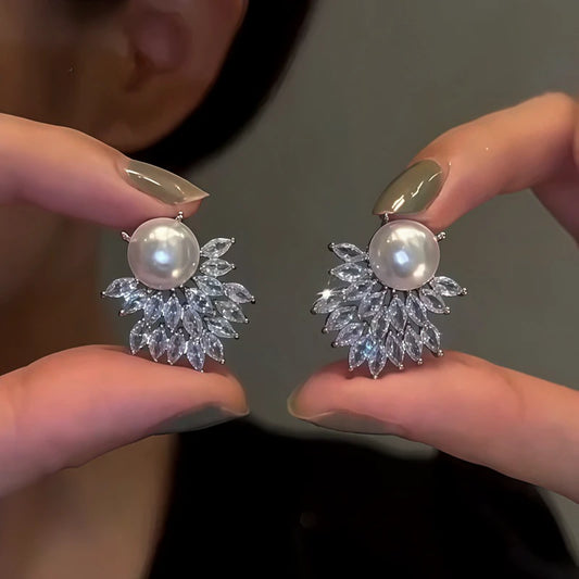 14K Gold-Plated Elegant Zircon Double-Layer Pearl Earrings - elegant Double-Layer Pearl Earrings