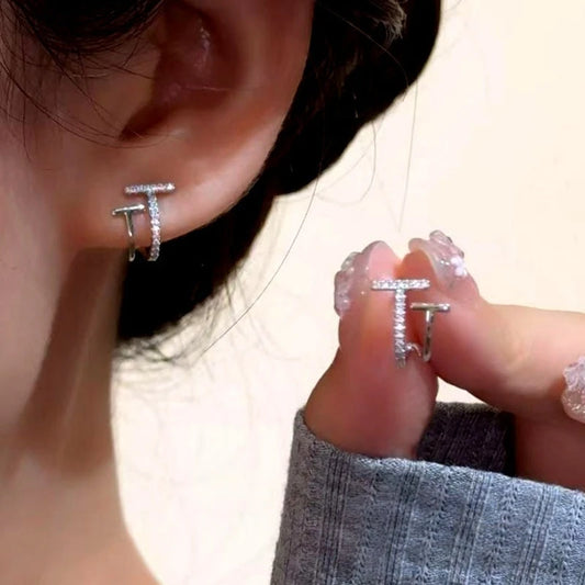 14K Gold-Plated Elegant Zircon Double-Layer T Stud Earrings - elegant Double-Layer Studs