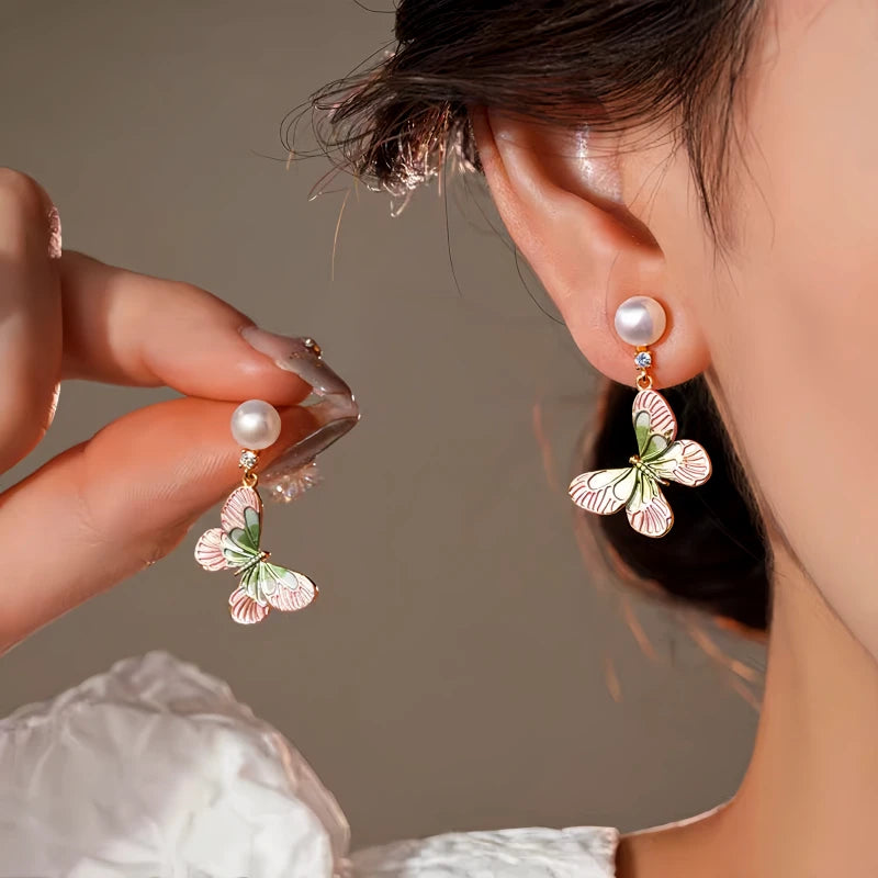 14K Gold-Plated Elegant Zircon Enamel Butterfly Pearl Tassel Earrings - elegant Butterfly Tassel Earrings