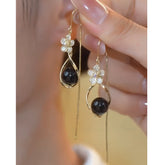 14K Gold-Plated Elegant Zircon Flower Black Bead Threader Earrings - elegant Black Bead Threaders