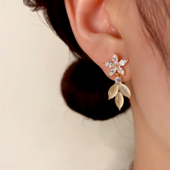 Close-up detail of the sparkling zircons and plating on the Cat's Eye Leaf Earrings
