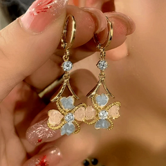 Close-up detail of the sparkling zircons and plating on the Flower Dangle Earrings
