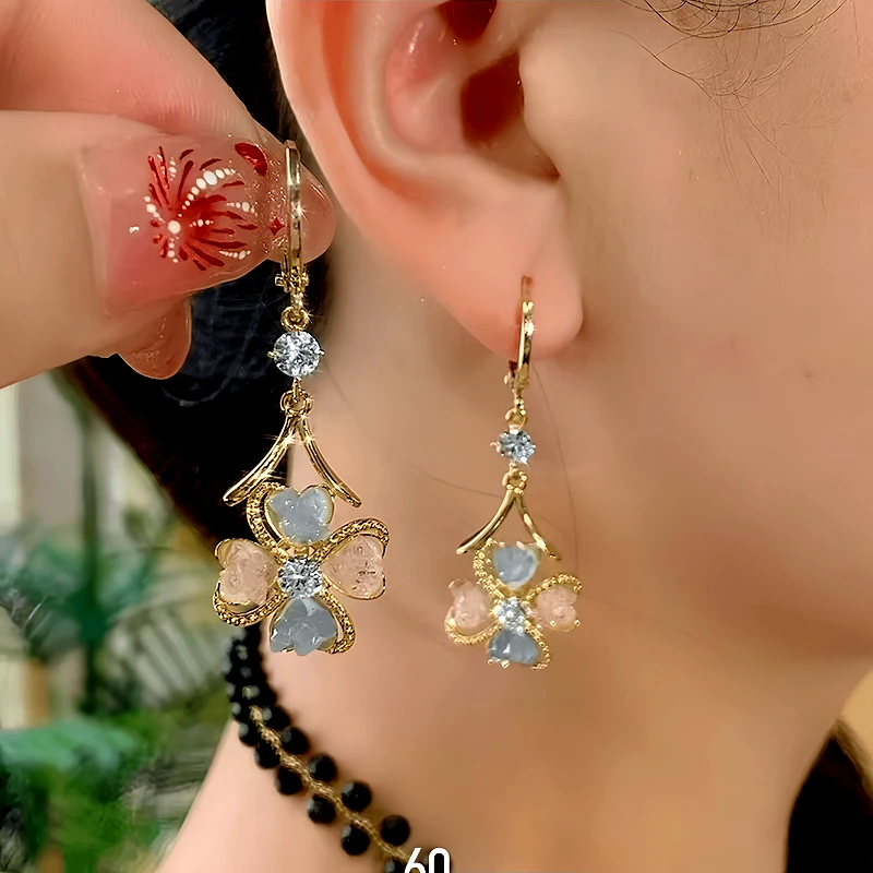 14K Gold-Plated Elegant Zircon Flower Earrings - elegant Flower Dangle Earrings