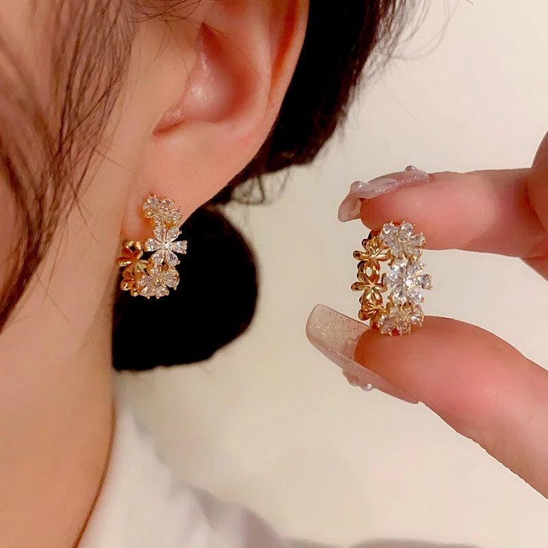 14K Gold-Plated Elegant Zircon Flower Hoop Earrings - elegant gold hoop earrings