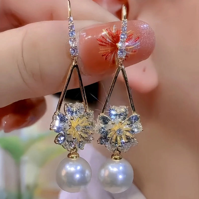 14K Gold-Plated Elegant Zircon Flower Pearl Ear Hook Earrings - elegant gold pearl earrings
