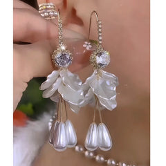 14K Gold-Plated Elegant Zircon Flower Pearl Ear Hooks - elegant gold pearl earrings