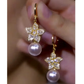 14K Gold-Plated Elegant Zircon Flower Pearl Earrings - elegant gold pearl earrings