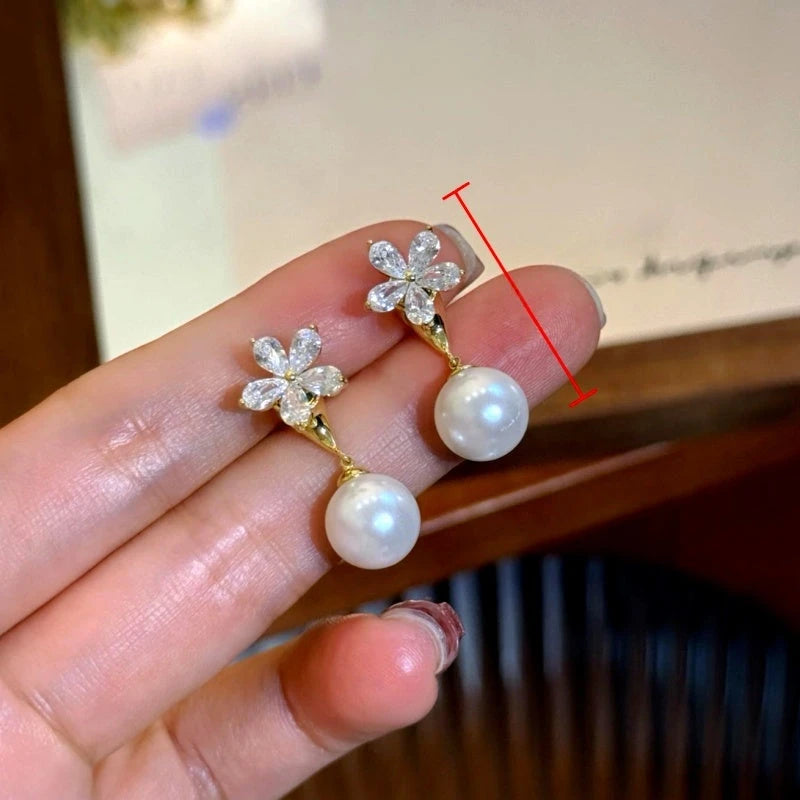 14K Gold-Plated Elegant Zircon Flower Pearl Jacket Earrings - elegant gold jacket earrings