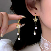 14K Gold-Plated Elegant Zircon Flower Pearl Tassel Earrings - elegant gold tassel earrings