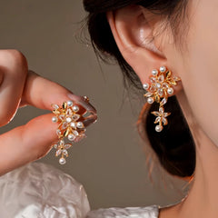 14K Gold-Plated Elegant Zircon Flower Pearl Tassel Earrings - elegant gold tassel earrings