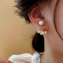 14K Gold-Plated Elegant Zircon Flower Star Pearl Earrings - elegant gold pearl earrings