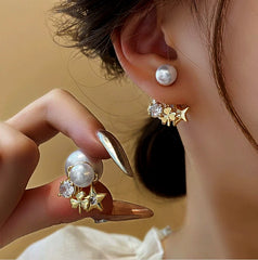 Angled view of the 14K Gold-Plated Elegant Zircon Flower Star Pearl Earrings