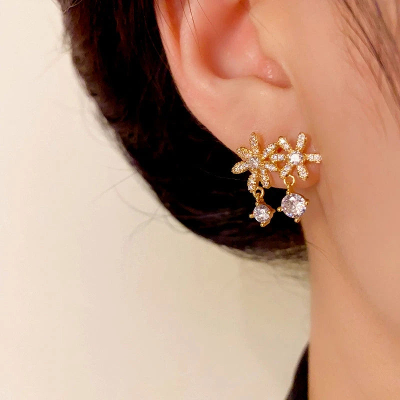 14K Gold-Plated Elegant Zircon Flower Tassel Earrings - elegant gold tassel earrings