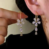 14K Gold-Plated Elegant Zircon Flower Tassel Earrings - elegant gold tassel earrings