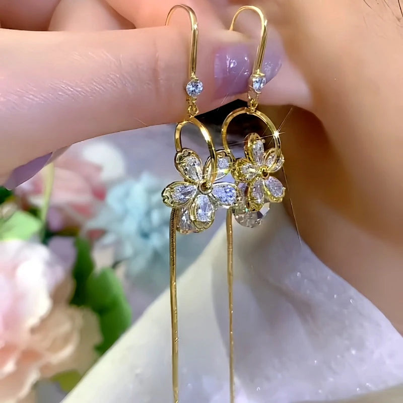 14K Gold-Plated Elegant Zircon Flower Threader Earrings - elegant gold threader earrings