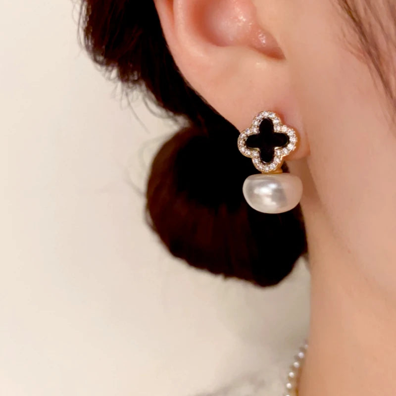 14K Gold-Plated Elegant Zircon Four-Leaf Flower Pearl Earrings - elegant clover earrings
