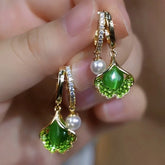 14K Gold-Plated Elegant Zircon Gingko Leaf Bead Earrings - elegant gold leaf earrings