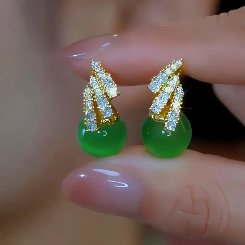 14K Gold-Plated Elegant Zircon Green Bead Earrings - elegant green drop earrings