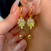 14K Gold-Plated Elegant Zircon Green Cat's Eye Stone Leaf Tassel Earrings - elegant green tassel earrings
