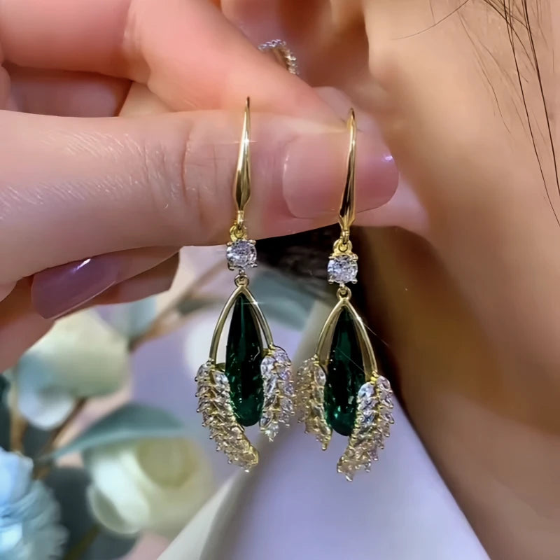 14K Gold-Plated Elegant Zircon Green Crystal Ear Hook Earrings - elegant green threader earrings