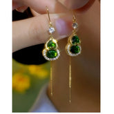 14K Gold-Plated Elegant Zircon Green Crystal Gourd Threader Earrings - elegant green threader earrings
