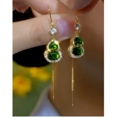 14K Gold-Plated Elegant Zircon Green Crystal Gourd Threader Earrings - elegant green threader earrings
