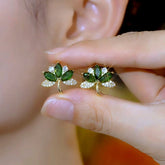 14K Gold-Plated Elegant Zircon Green Diamond Leaf Stud Earrings - elegant green leaf earrings