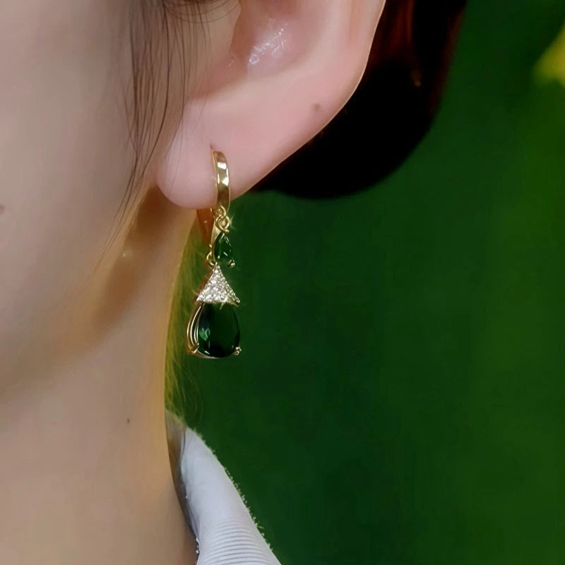 14K Gold-Plated Elegant Zircon Green Diamond Water Drop Earrings - elegant green drop earrings