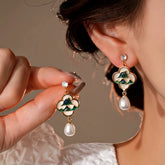 14K Gold-Plated Elegant Zircon Green Mountain Pearl Tassel Earrings - elegant gold tassel earrings