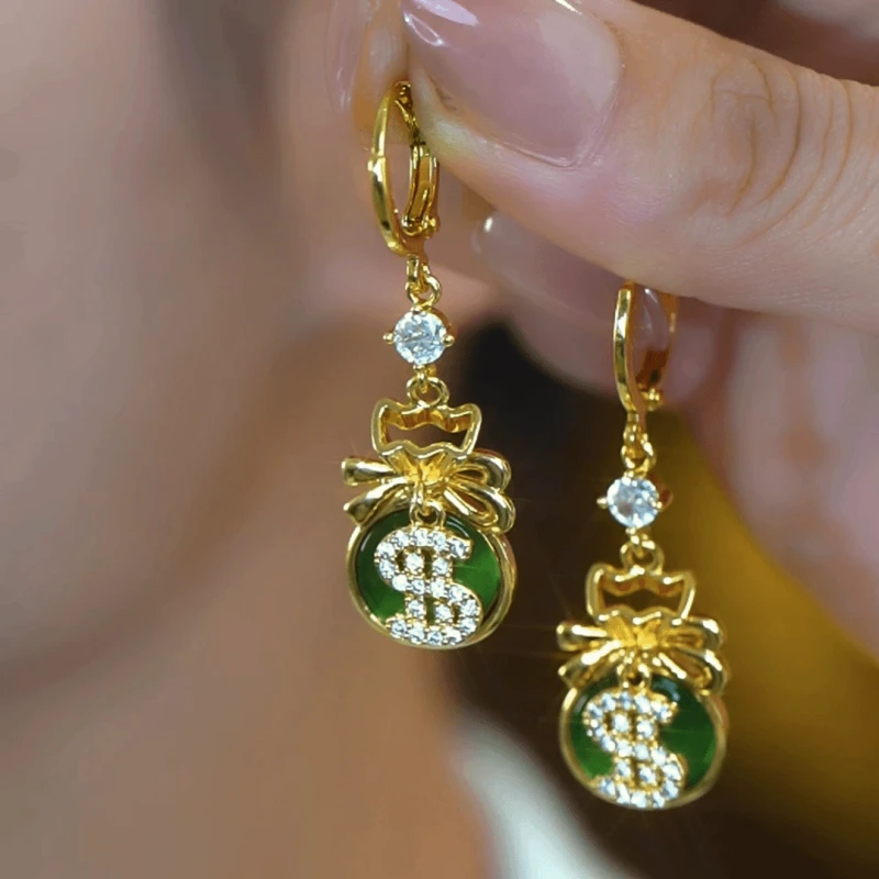 14K Gold-Plated Elegant Zircon Green $ Lucky Bag Earrings - elegant green drop earrings