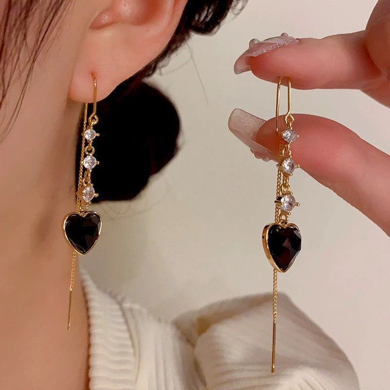 14K Gold-Plated Elegant Zircon Heart-Design Tassel Threader Earrings - elegant gold threader earrings