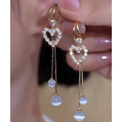14K Gold-Plated Elegant Zircon Heart Bead Tassel Earrings - elegant gold tassel earrings
