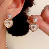 14K Gold-Plated Elegant Zircon Heart Pearl Earrings - elegant gold pearl earrings