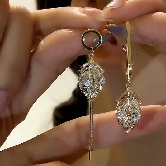 14K Gold-Plated Elegant Zircon Leaf Earrings - elegant gold leaf earrings