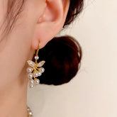 14K Gold-Plated Elegant Zircon Leaf Pearl Ear Hooks - elegant gold pearl earrings
