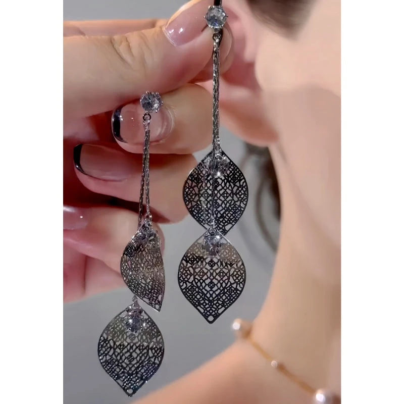 14K Gold-Plated Elegant Zircon Leaf Sequin Tassel Earrings - elegant silver tassel earrings