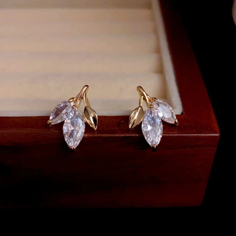 14K Gold-Plated Elegant Zircon Leaf Studs - elegant gold leaf earrings
