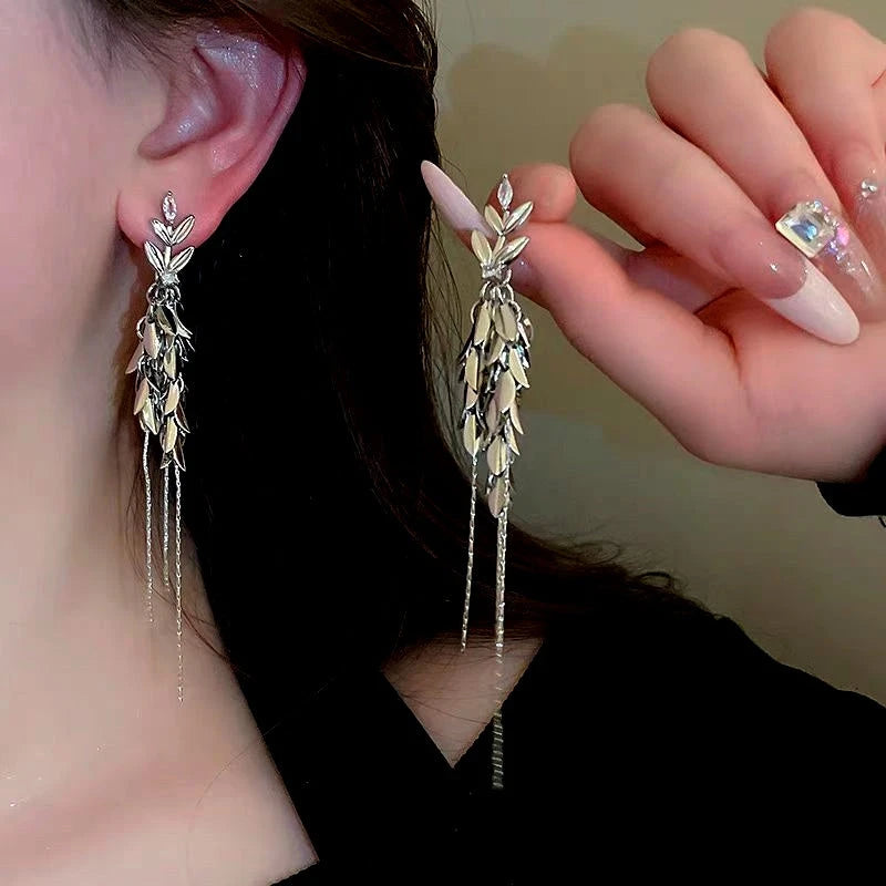 14K Gold-Plated Elegant Zircon Leaf Tassel Earrings - elegant gold tassel earrings
