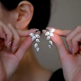 14K Gold-Plated Elegant Zircon Leaf Tassel Earrings - elegant silver tassel earrings