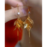 14K Gold-Plated Elegant Zircon Leaf Tassel Threader Earrings - elegant gold threader earrings