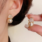 14K Gold-Plated Elegant Zircon Love Pearl Earrings - elegant gold pearl earrings