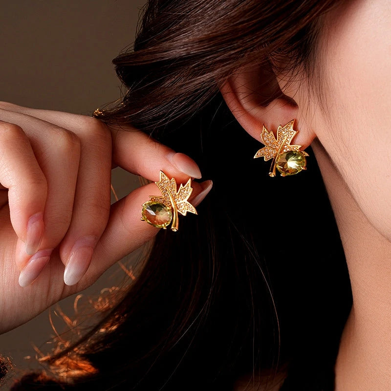 14K Gold-Plated Elegant Zircon Maple Leaf Diamond Stud Earrings - elegant gold leaf earrings