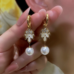 14K Gold-Plated Elegant Zircon Maple Leaf Pearl Earrings - elegant gold leaf earrings