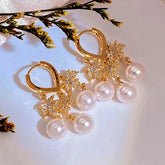 14K Gold-Plated Elegant Zircon Maple Leaf Pearl Tassel Earrings - elegant gold tassel earrings