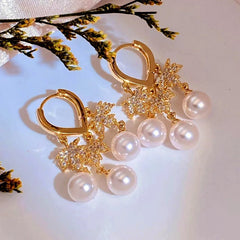 14K Gold-Plated Elegant Zircon Maple Leaf Pearl Tassel Earrings - elegant gold tassel earrings