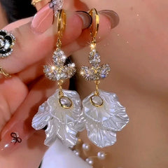 14K Gold-Plated Elegant Zircon Maple Leaf Petal Earrings - elegant gold leaf earrings